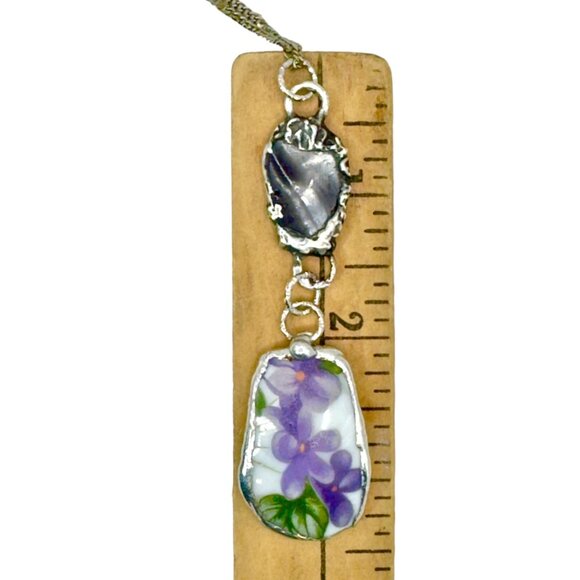 Violets Broken China & Sea Glass Artisan Silver-Blend Metalwork Bezel Pendant - Picture 5 of 17